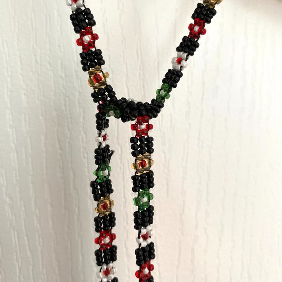 Hungarian Skinny Beaded Scarf Necklace with Black, Green, Red, White Bead Detail - Picture 9 of 12